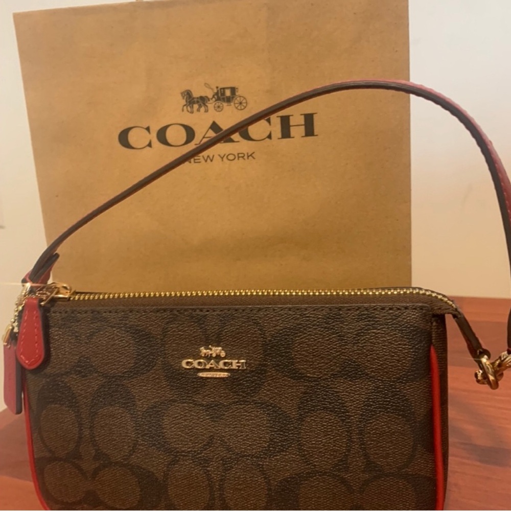 Coach Brown and Red Clutch with Signature Monogram